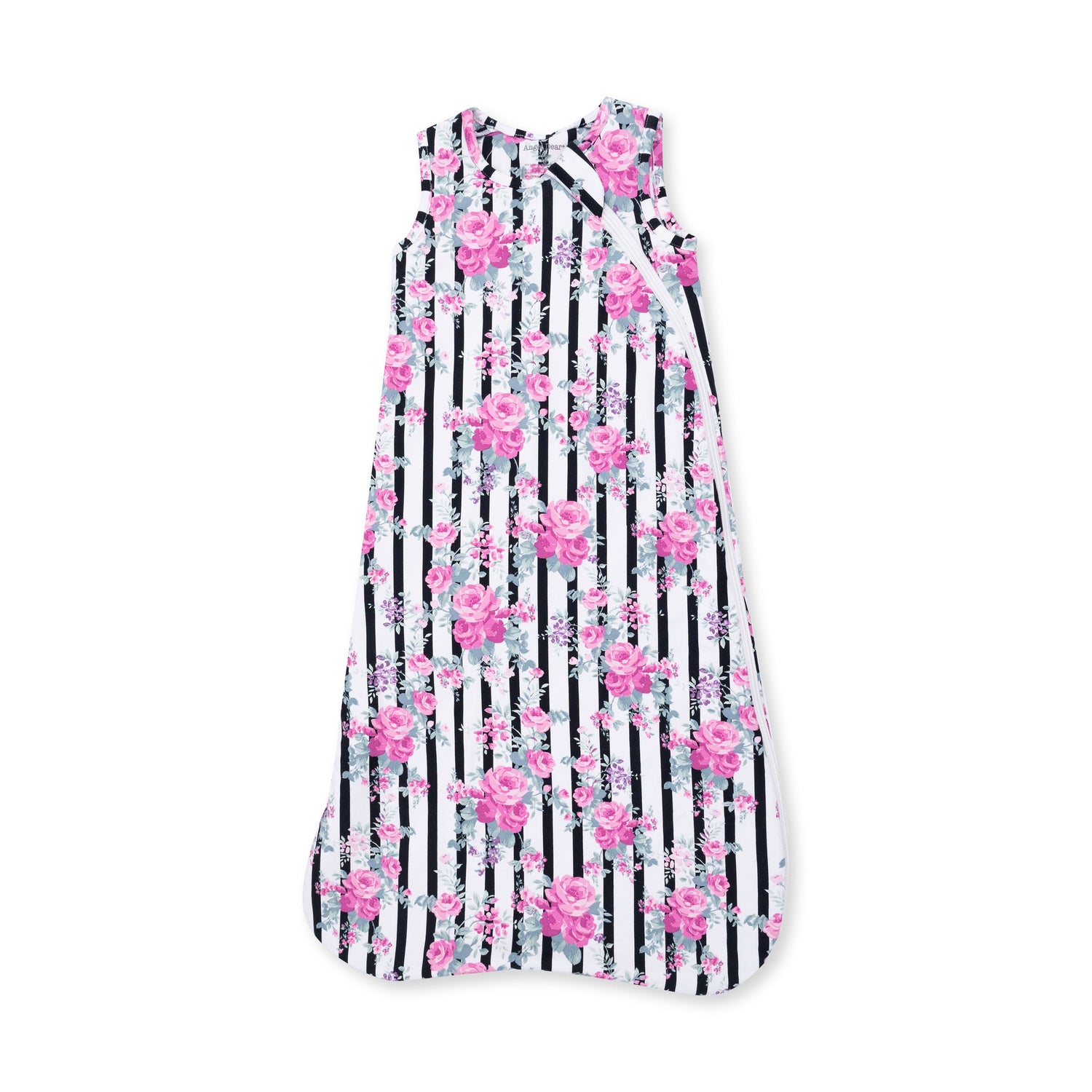 Sleep bag in a cabbage rose stripe pattern with a full-length two-way front zipper.