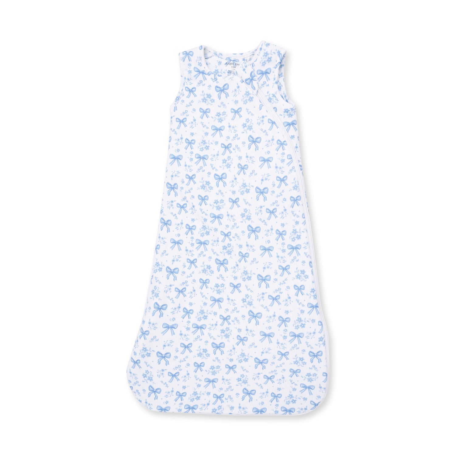 Sleep sack in a blue bows and flowers print with ribbed fabric and a full-length front zipper