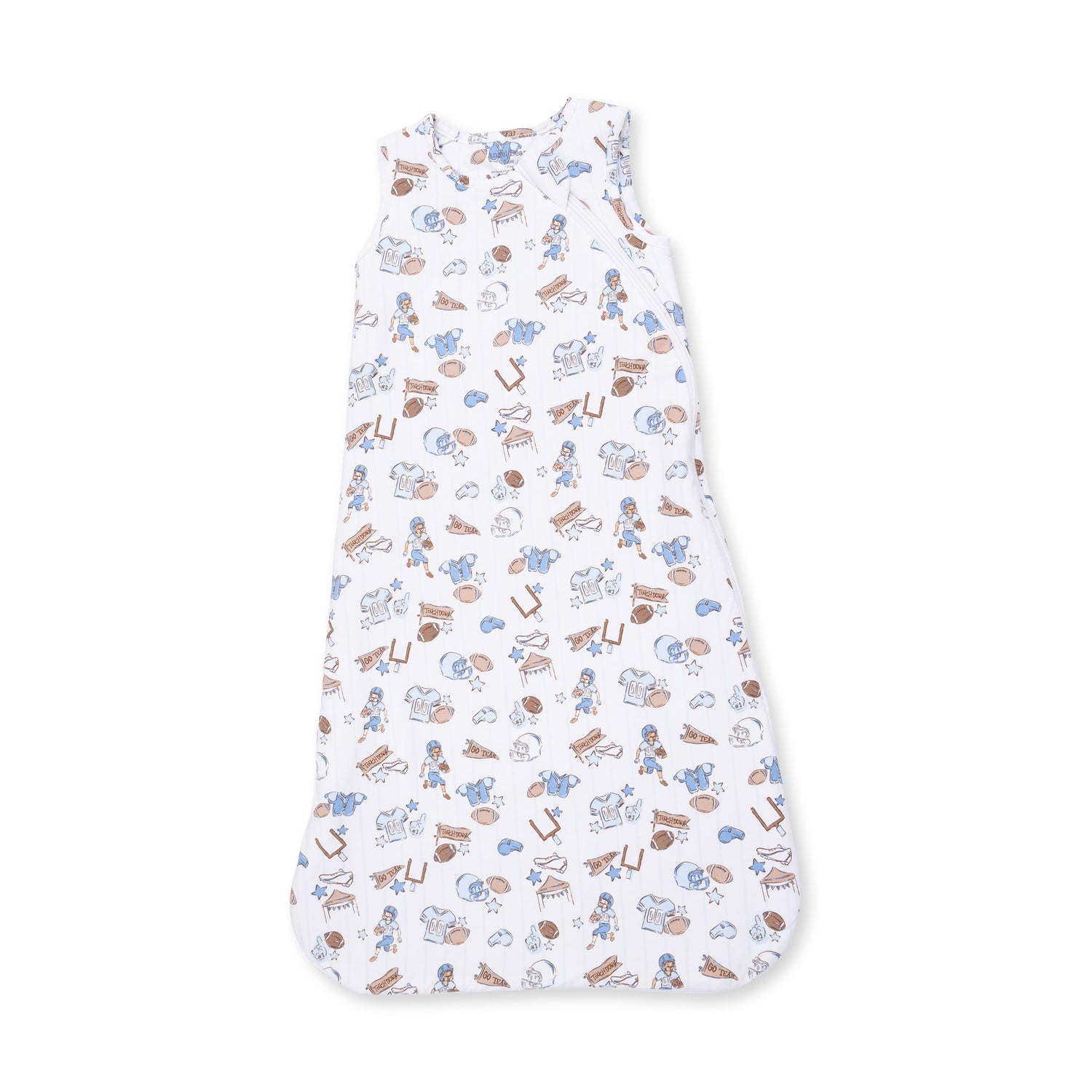 Baby sleep bag in a football nursery print with a 2-way front zipper