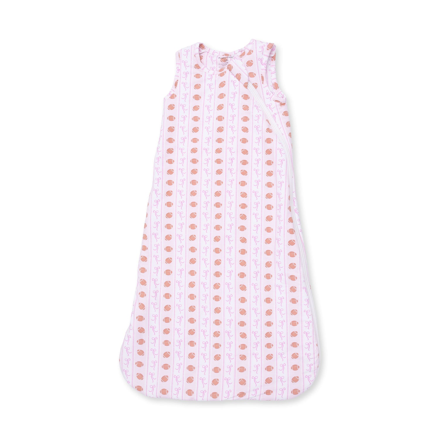 Football bow stripe sleep bag with two-way zipper in a repeating striped pattern