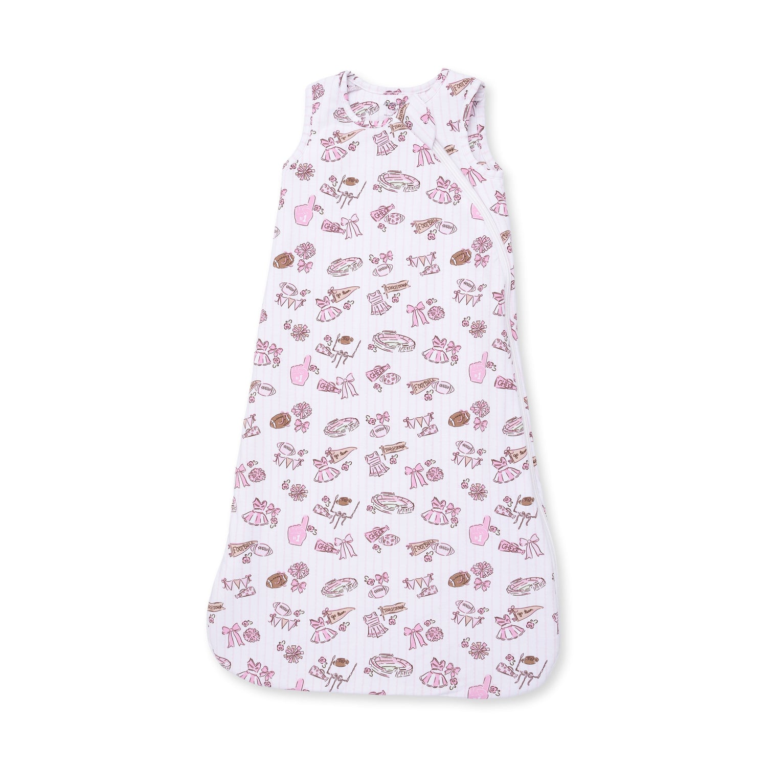 Baby sleep bag in a football cheer nursery print with a front zipper