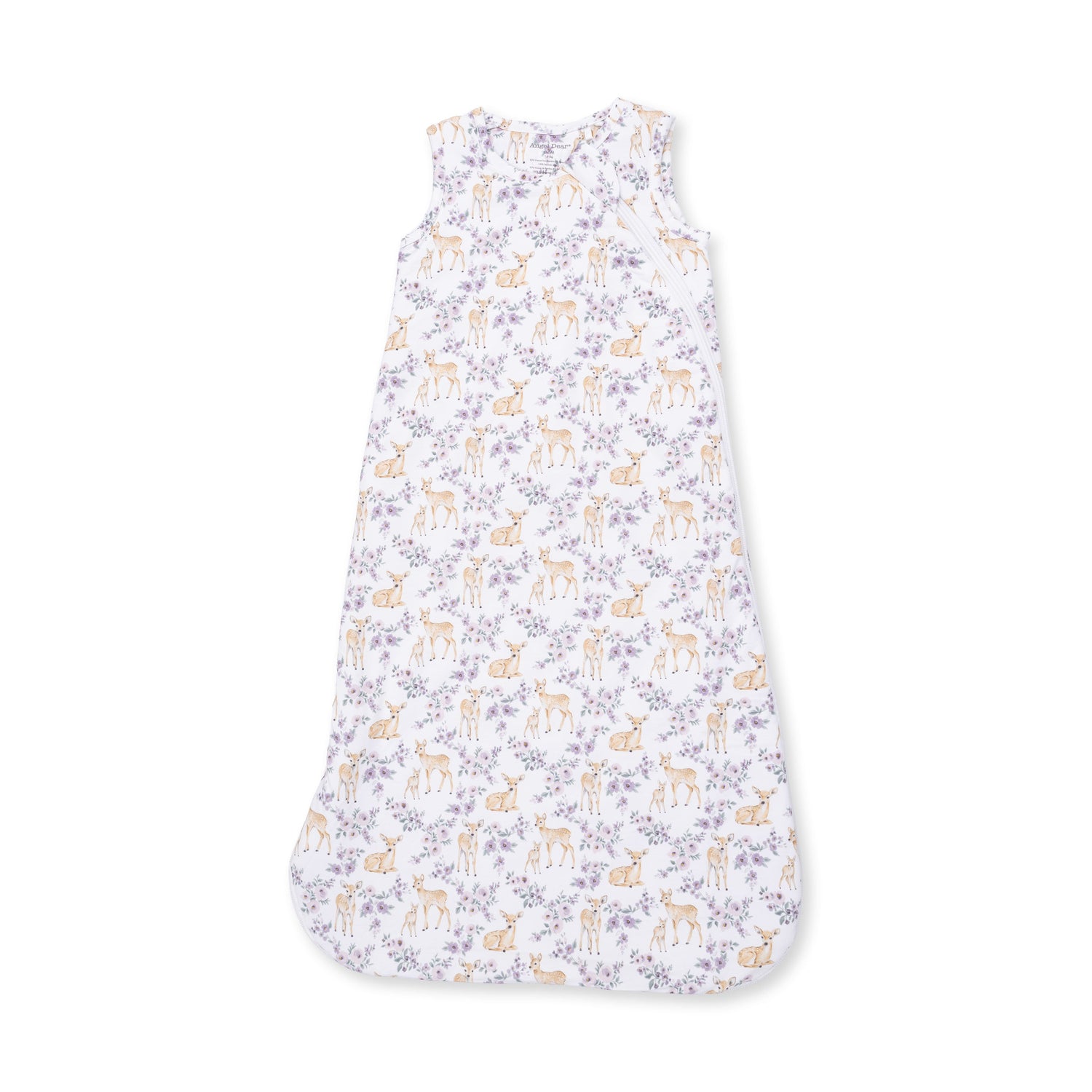 Baby sleep bag with a floral and deer print, sleeveless with a full-length two-way zipper