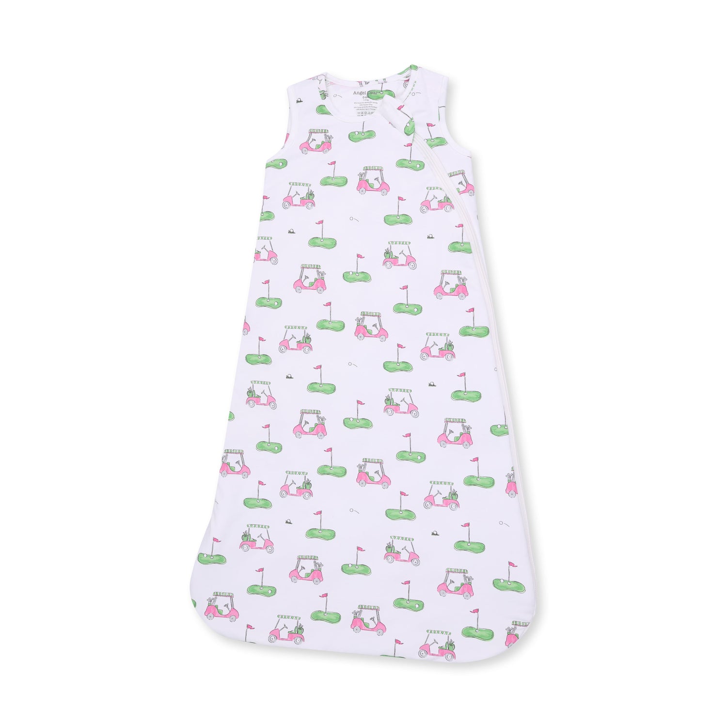 Pink baby sleep sack with a golf carts print in soft viscose from bamboo and a full-length zipper