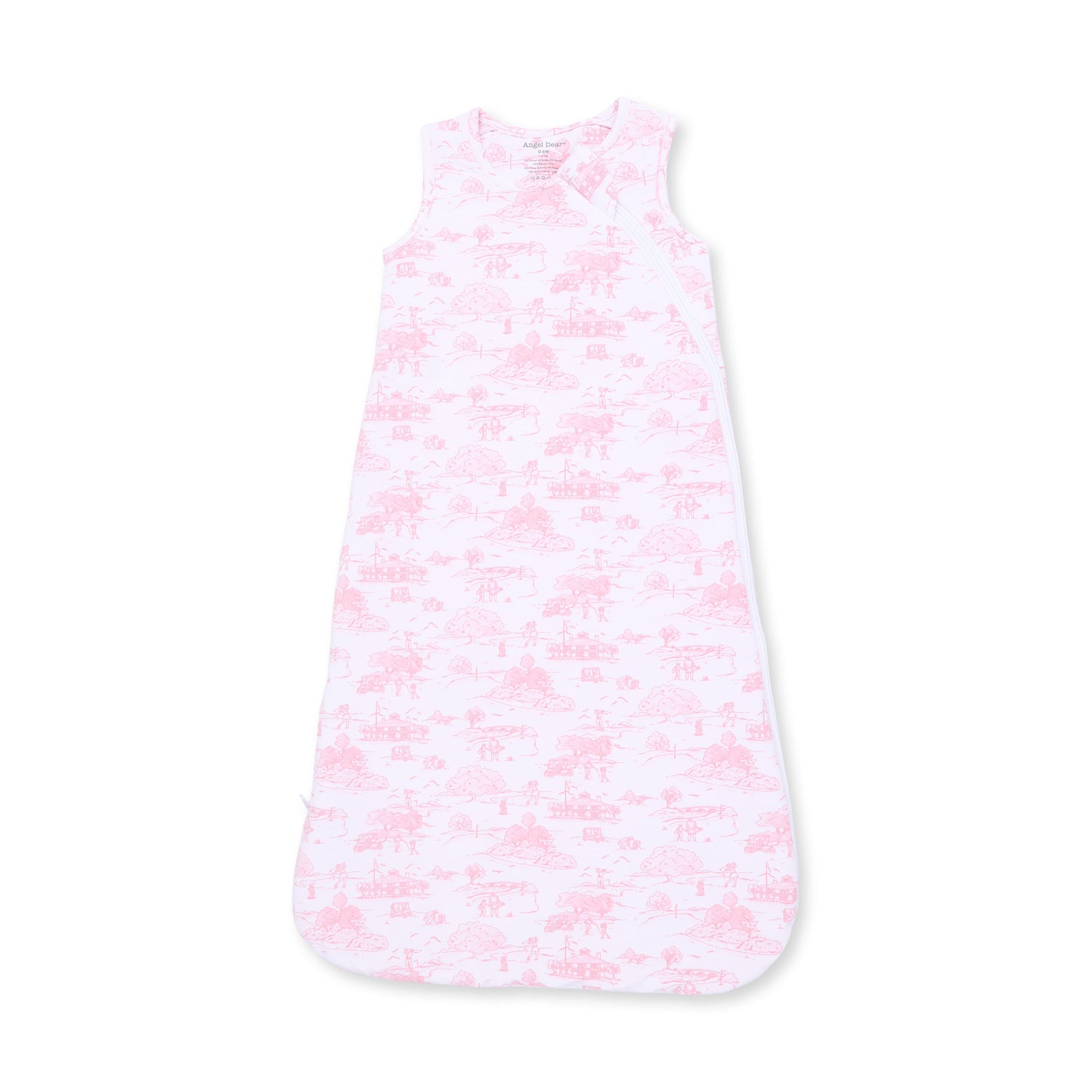 Baby sleep bag in pink golf toile print with a full-length front zipper and sleeveless armholes.