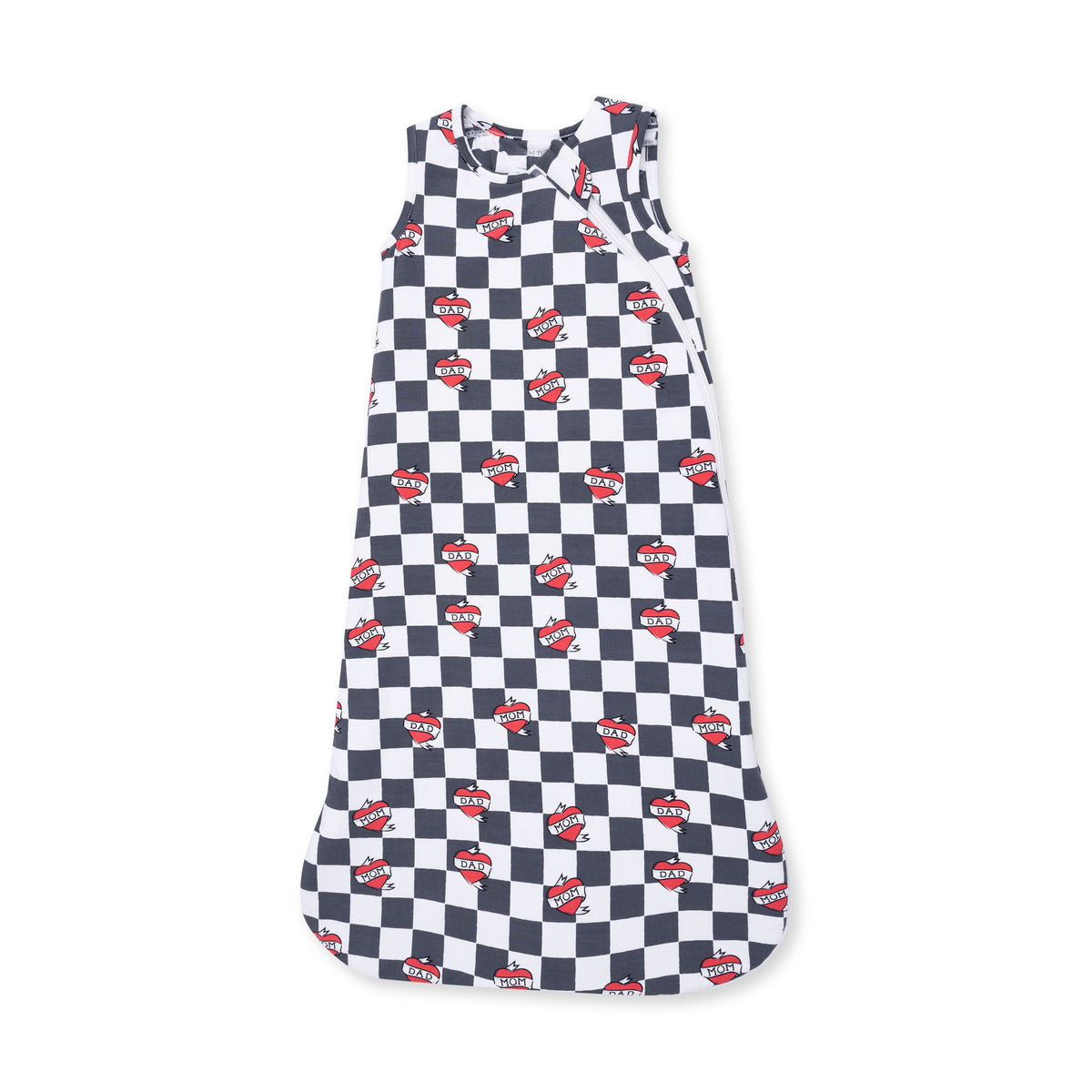 Sleeveless baby sleep bag in black and white check print with small heart tattoo designs and a front zipper