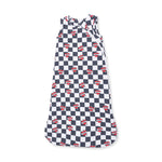 Sleeveless baby sleep bag in black and white check print with small heart tattoo designs and a front zipper