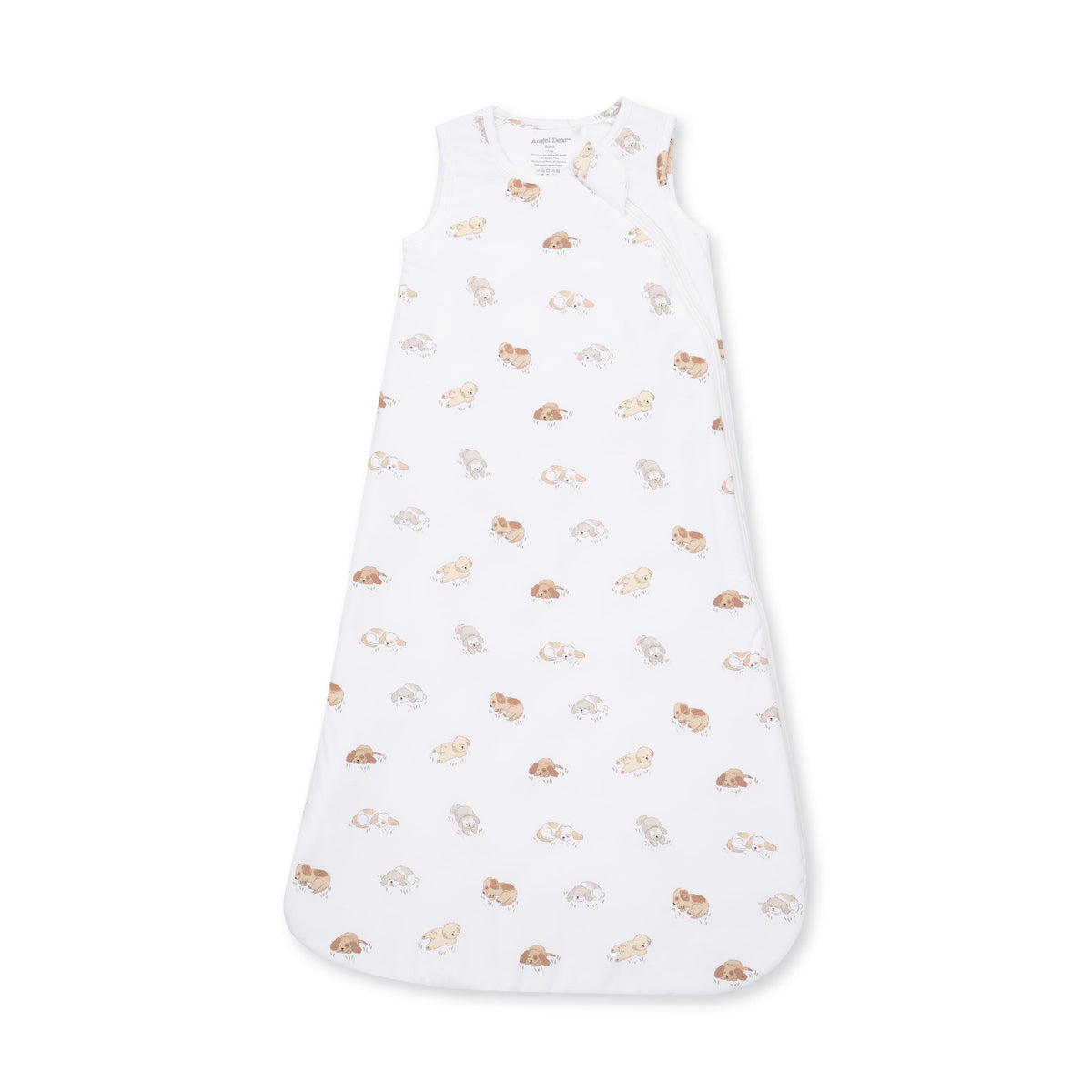 Baby sleep bag with a puppy print, two-way zipper down the front and sleeveless armholes