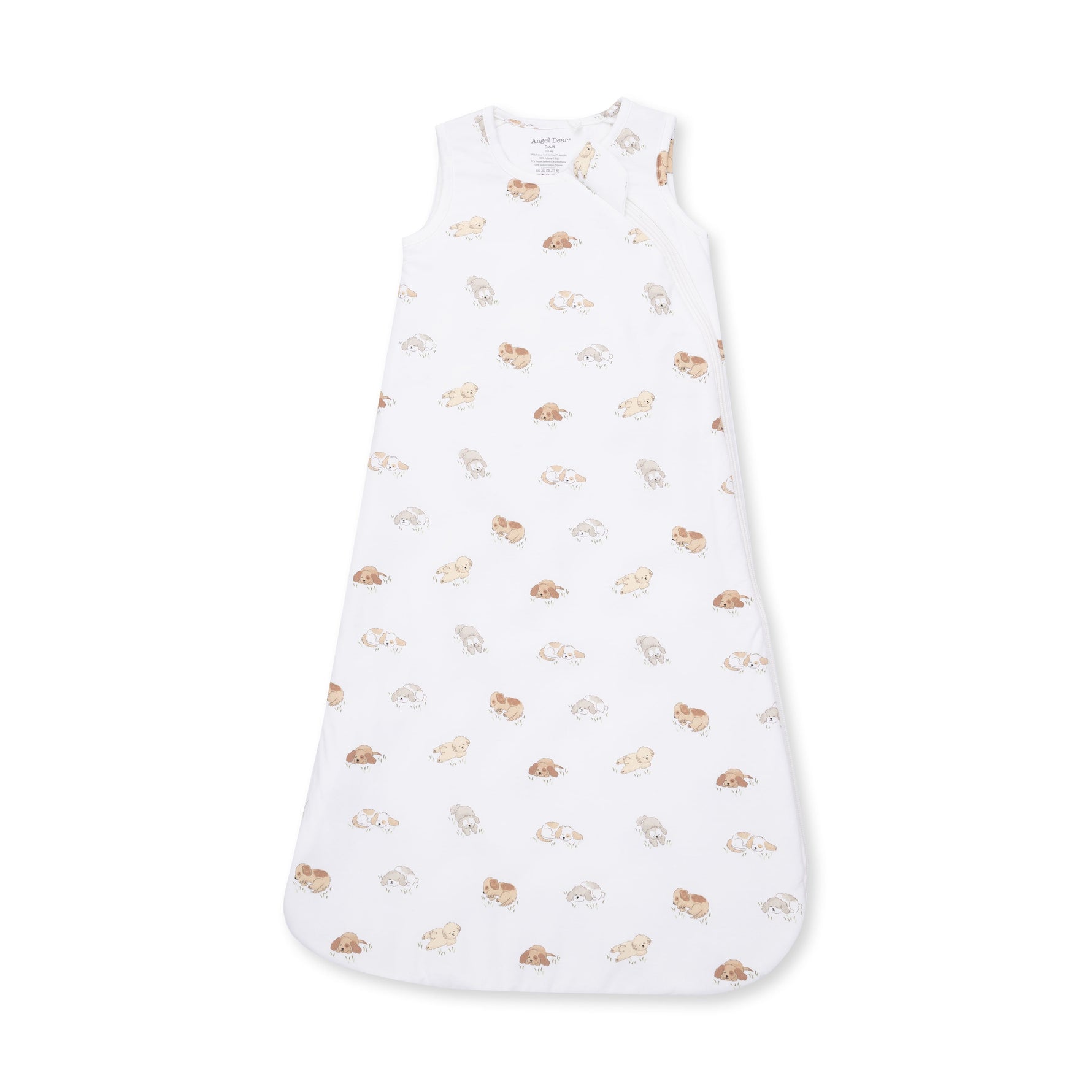 Baby sleep bag with a puppy print, two-way zipper down the front and sleeveless armholes