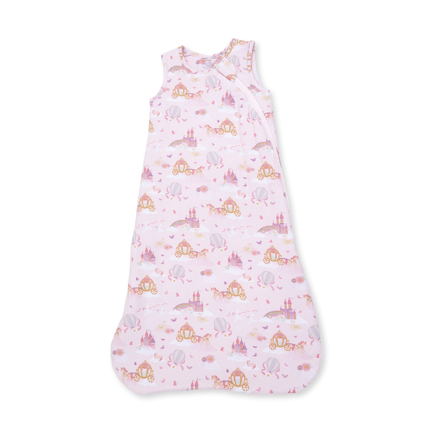 Baby sleep bag in a princess unicorns and castle print with a full-length front zipper