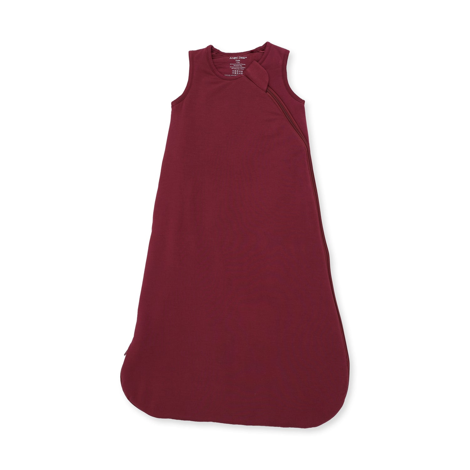 Sleep sack in solid deep oxblood red with a full-length front zipper and sleeveless armholes.