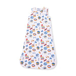 Baby sleep bag with vintage ski patches print and a full-length two-way zipper