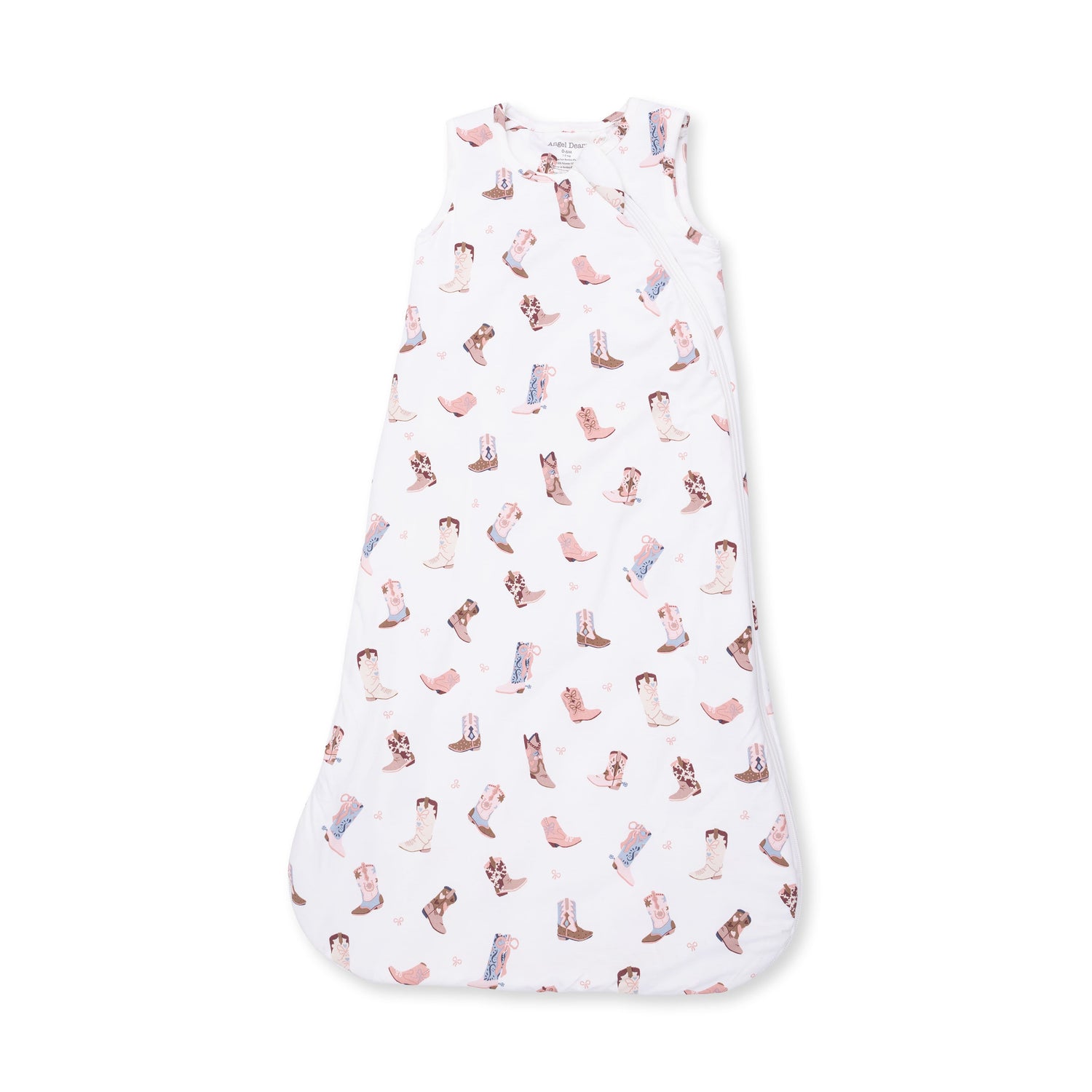 Baby sleep bag with a Buckarette Boots cowboy-boot print and a front two-way zipper.