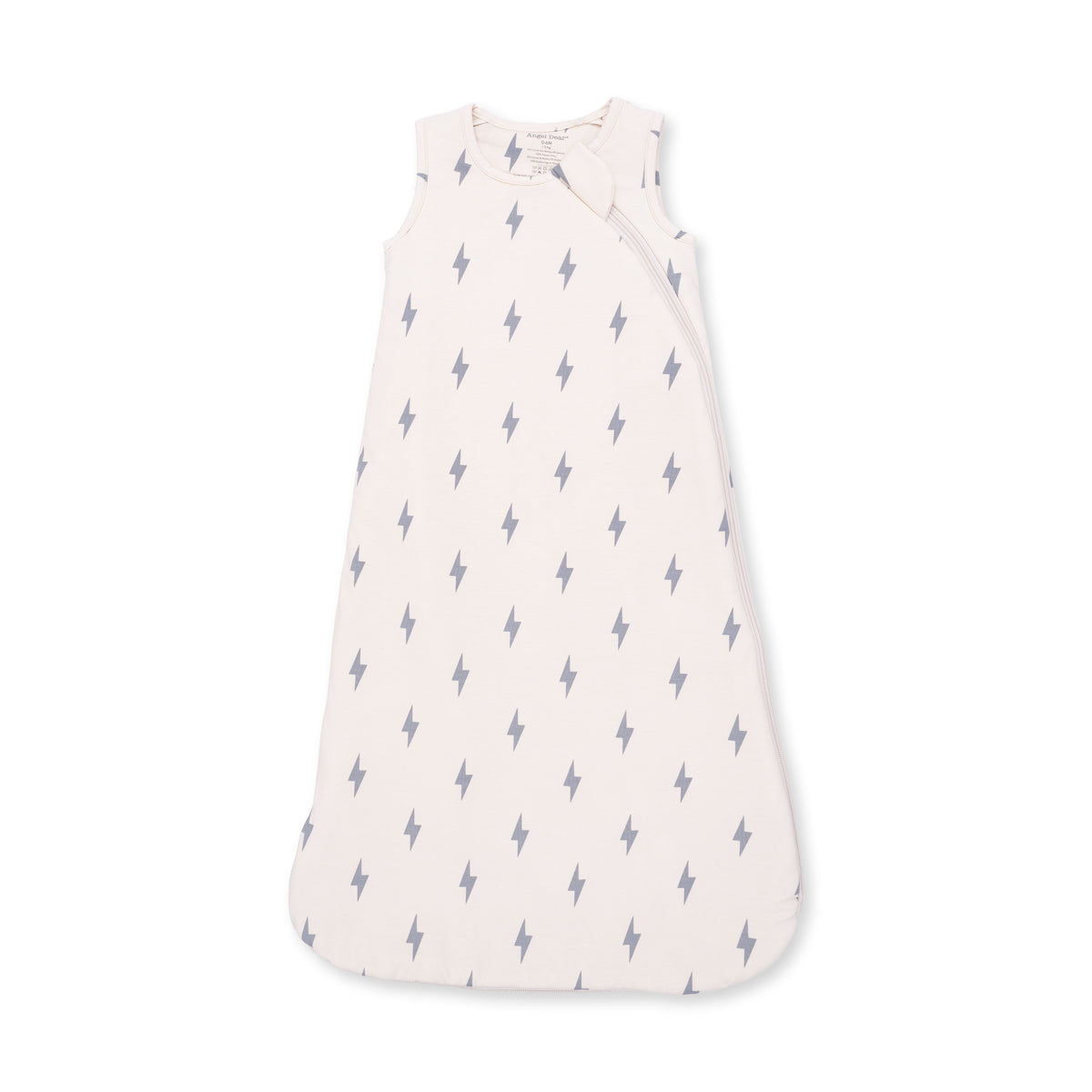 Baby sleep bag with lightning bolt print, zippered front and sleeveless design