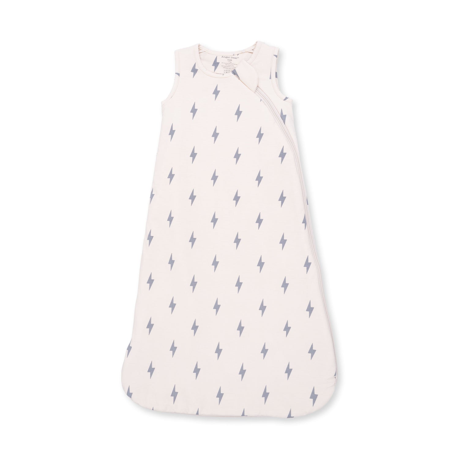 Baby sleep bag with lightning bolt print, zippered front and sleeveless design