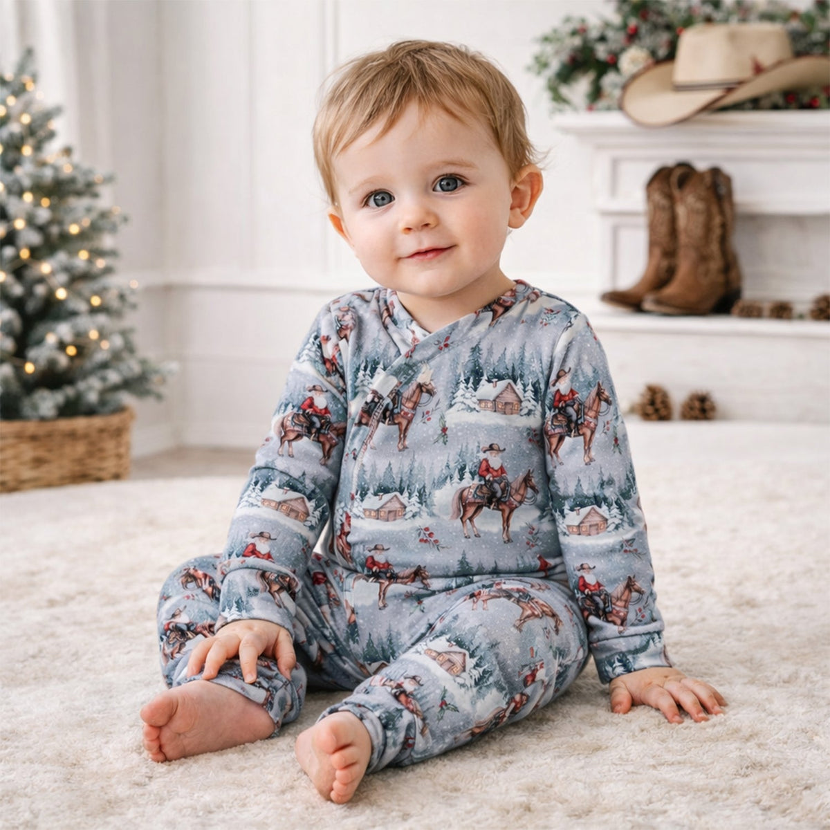 Baby zipper romper in a Cowboy Christmas print with front zipper and convertible foot cuffs