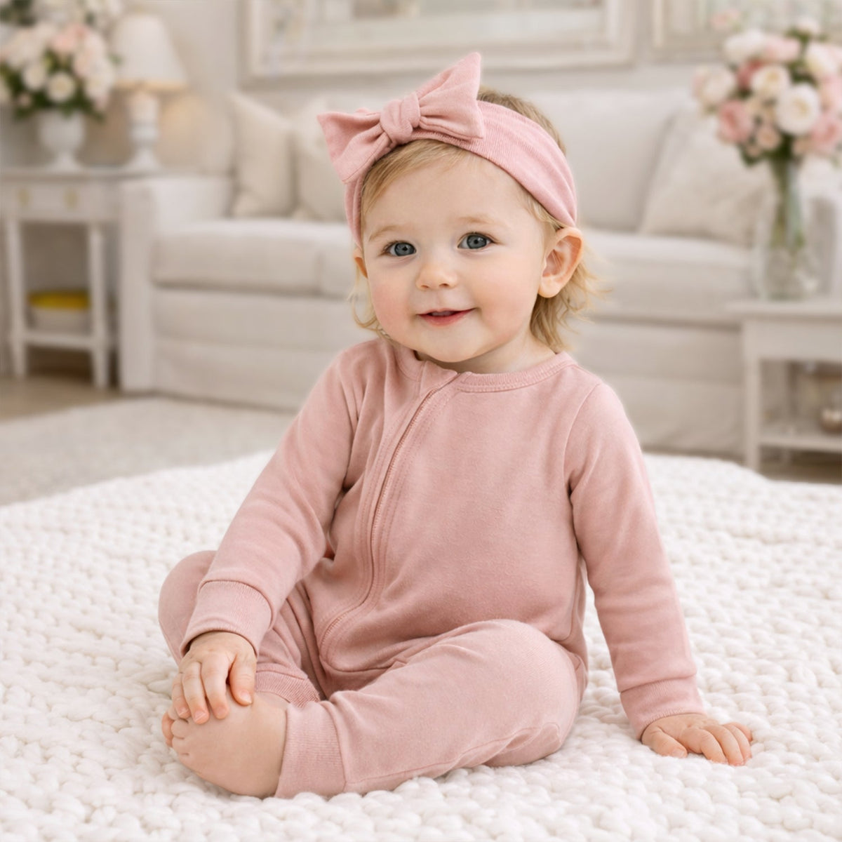 Soft coral baby zipper romper with convertible fold-down footie cuffs
