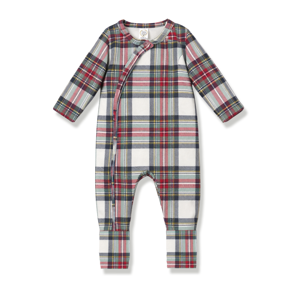 Plaid Baby Christmas Zipper Romper With Convertible Cuffs by Tesa Babe