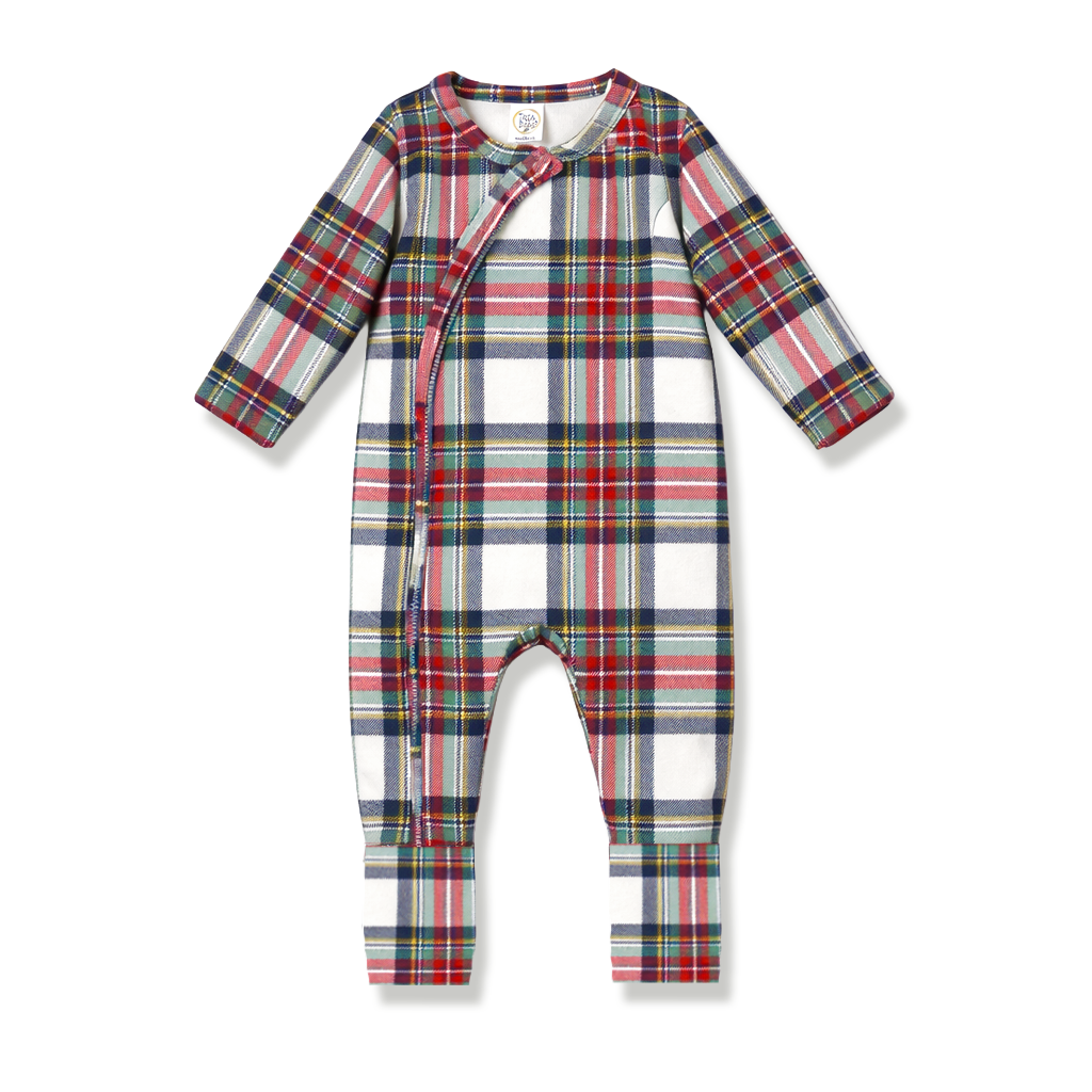 Plaid Baby Christmas Zipper Romper With Convertible Cuffs by Tesa Babe