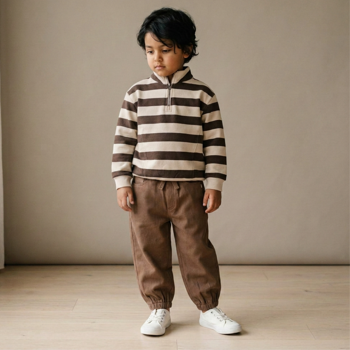Baby half-zip sweatshirt in mocha and cream stripes with a long sleeve, collared fleece design