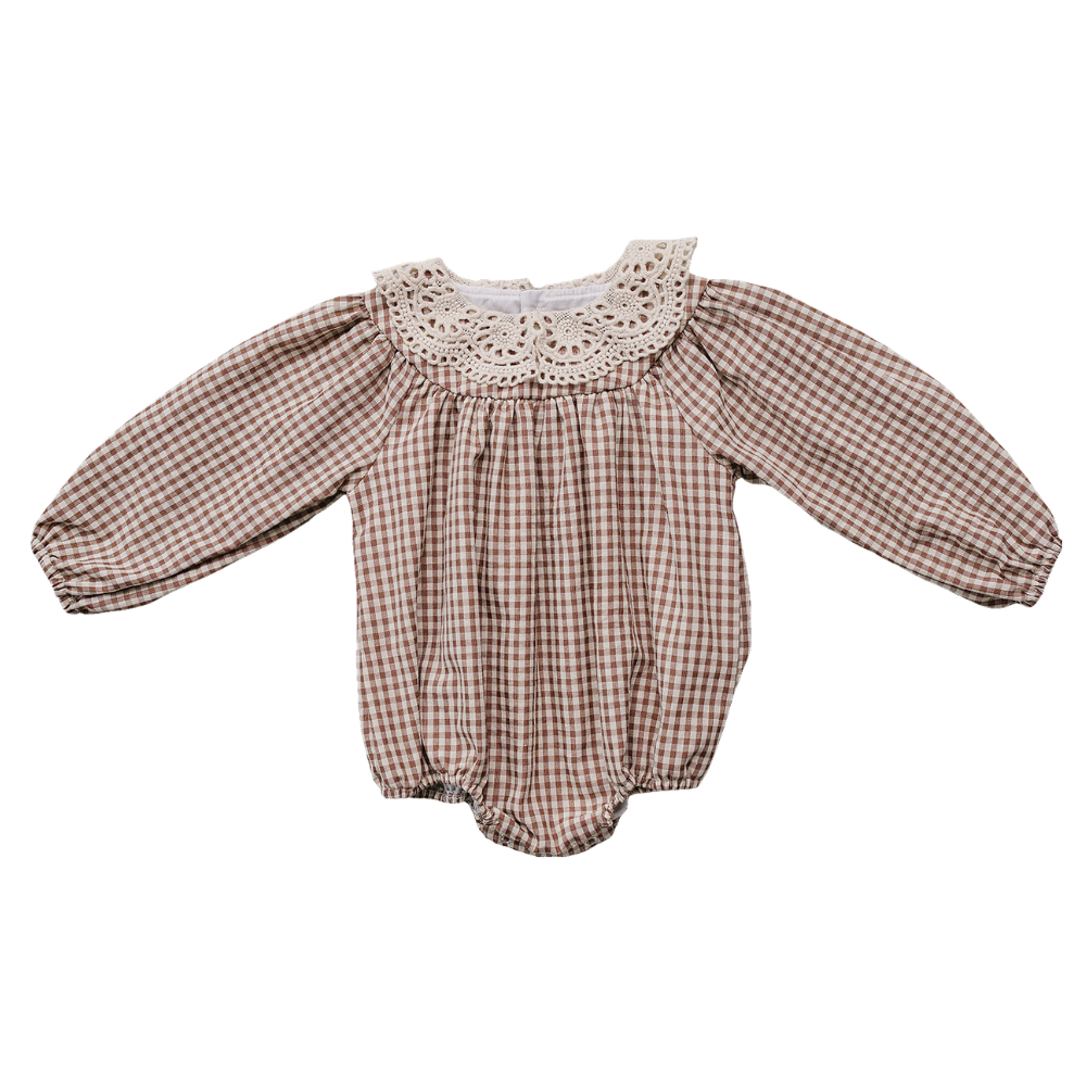 Camel gingham long-sleeve bubble romper with a lace-detailed collar and snap closures at the bottom