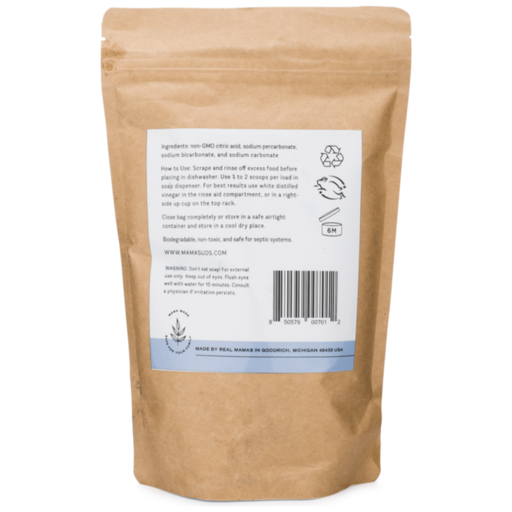 Automatic Dishwasher Powder eco-friendly packaging with label instructions and ingredients.