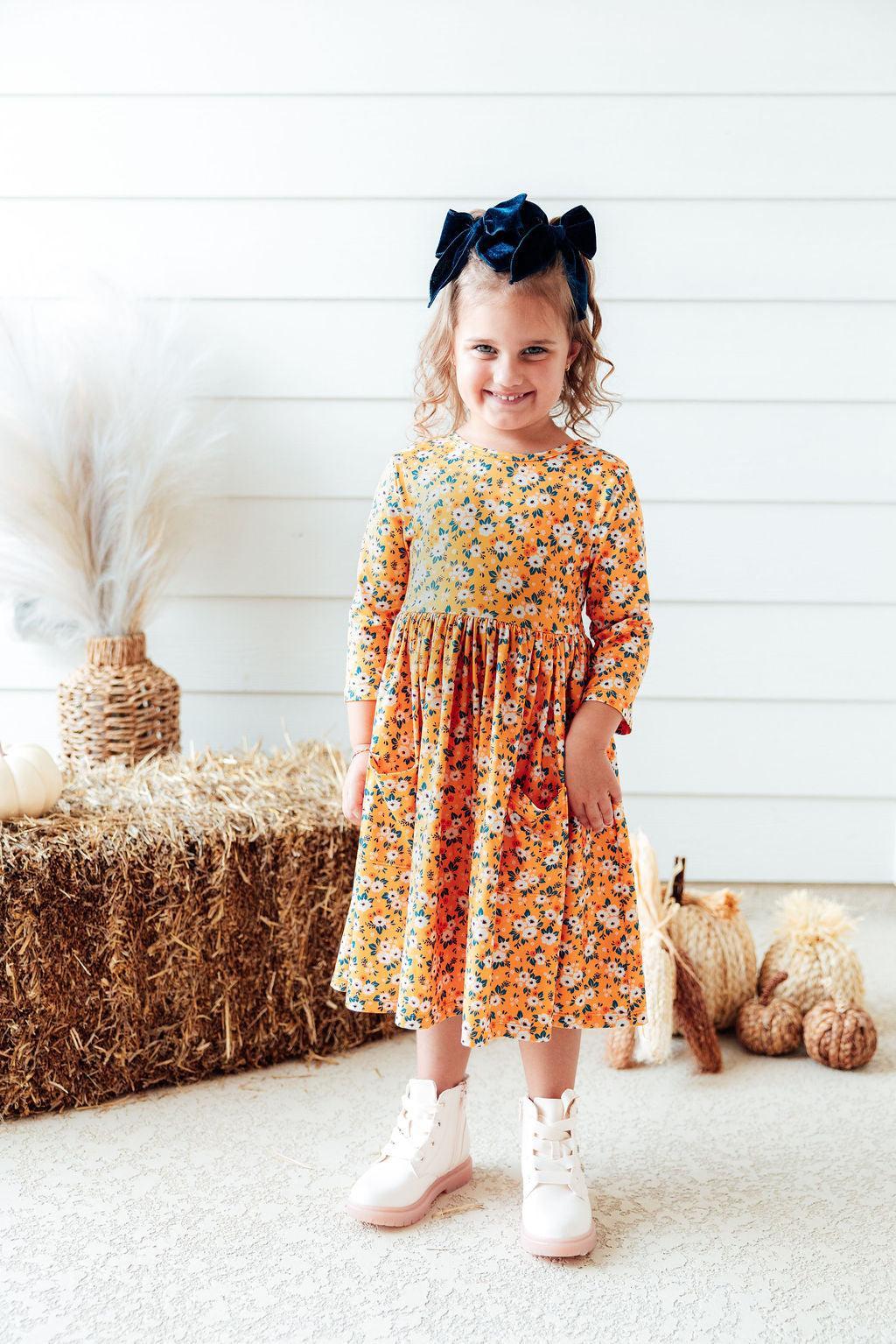 Mila & Rose ® Girls Fall Floral Three Quarters Sleeve Twirl Dress Pocket - Apparel & Accessories > Clothing > Dresses Twirl Pocket Dress 3/4