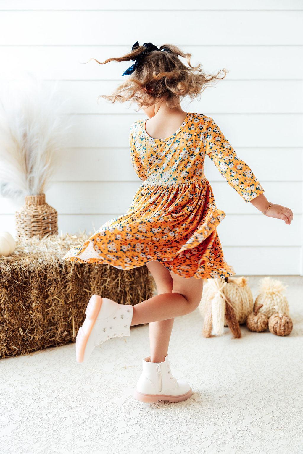 Mila & Rose ® Girls Fall Floral Three Quarters Sleeve Twirl Dress Pocket - Apparel & Accessories > Clothing > Dresses Twirl Pocket Dress 3/4