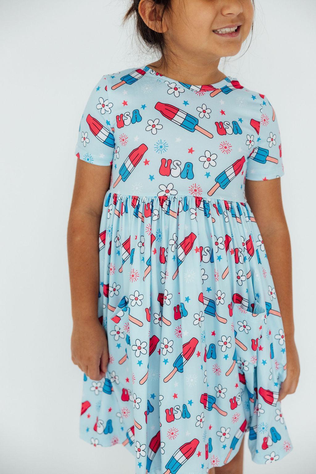 Mila & Rose ® Proudly Patriotic Short Sleeve Pocket Twirl Dress For Girls - Apparel & Accessories > Clothing > Dresses Twirl Pocket Dress S/S