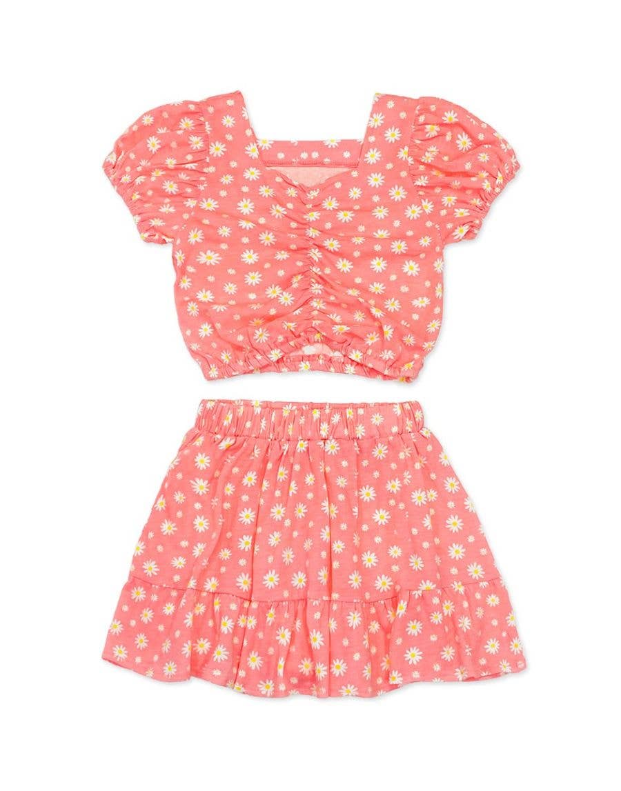 Cotton Blend Skirt Set - Coral/White Daisy