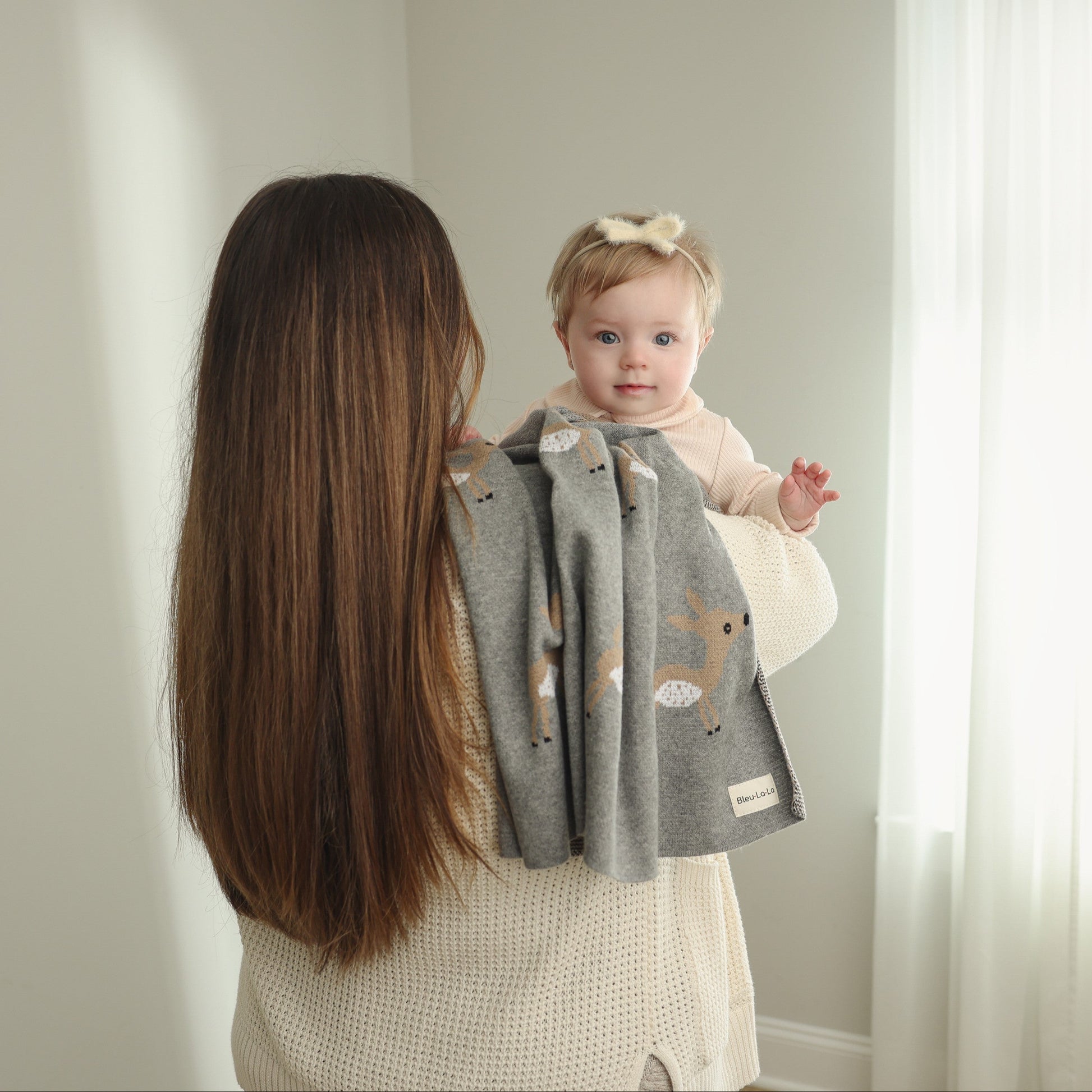 Luxury Cotton Deer Knit Swaddle Baby Blanket for Newborns Bleu La La
