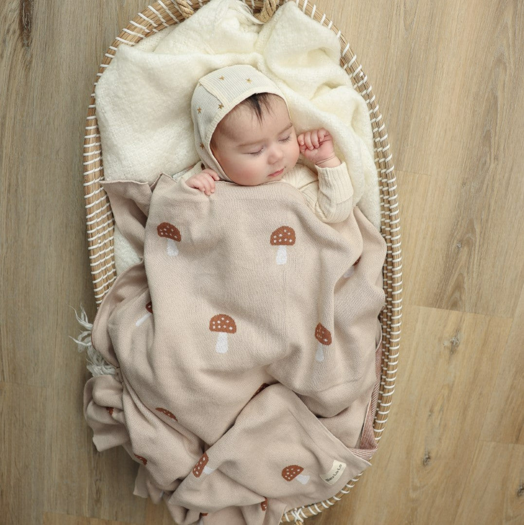 Luxury Knit Mushroom Swaddle Baby Blanket Made from 100 Percent Cotton for Year-Round Comfort Bleu La La