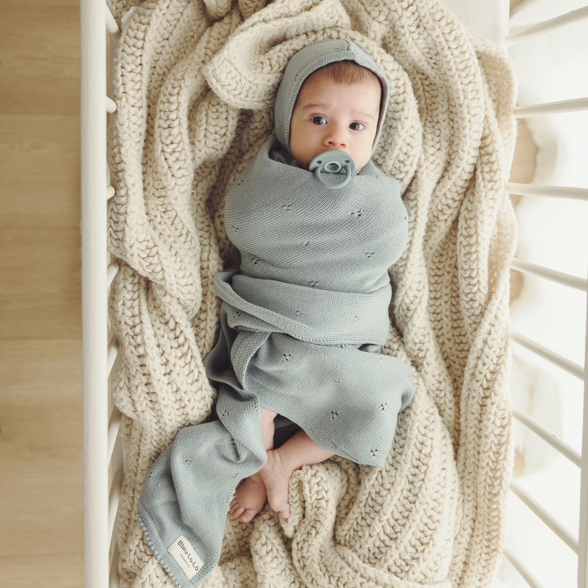 Organic Pointelle Swaddle Blanket and Hat Gift Set Bleu La La