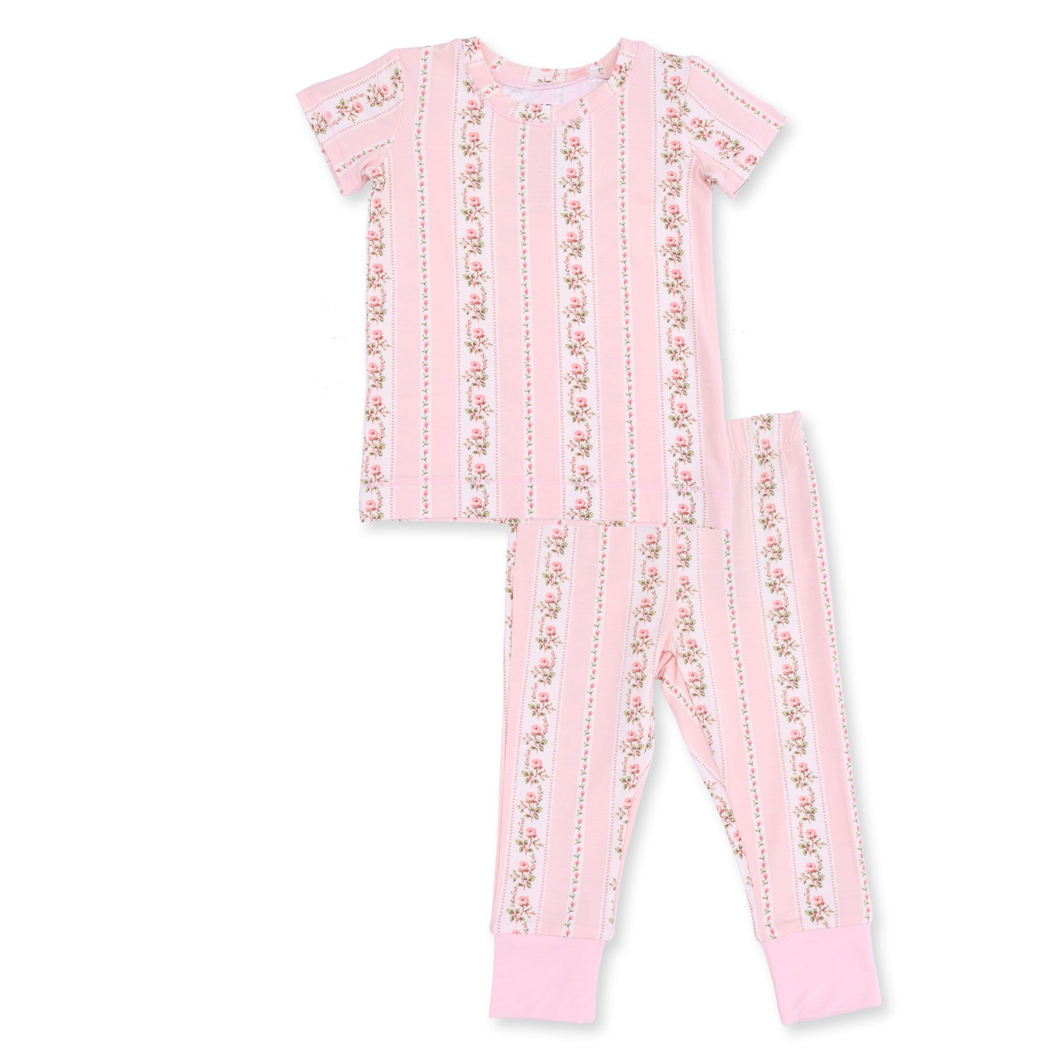 Two-piece short sleeve loungewear set with short sleeve top and pull-on pants in Antoinette stripe print.