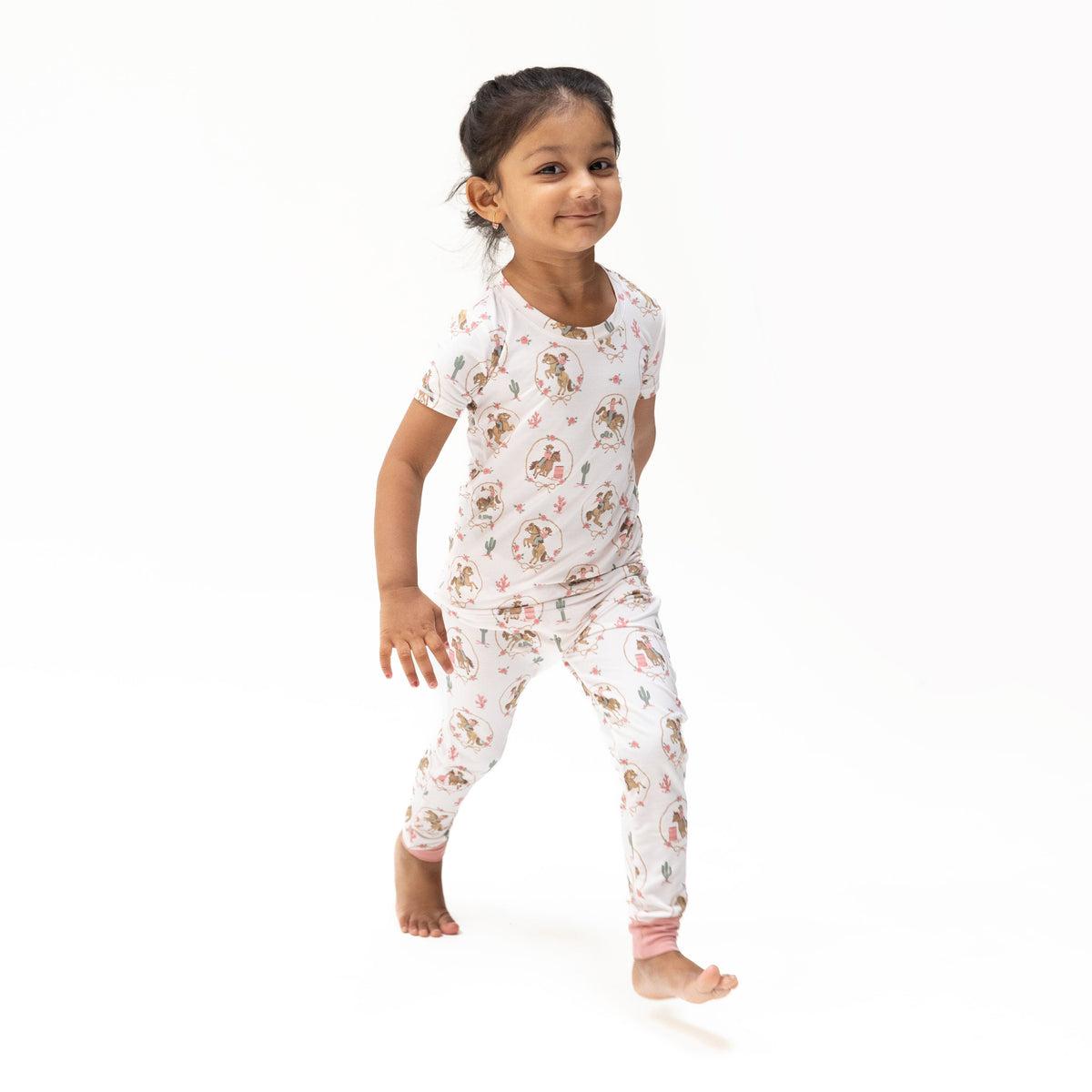 Short sleeve loungewear set with matching pull-on pants in a Cowgirl Cameos print