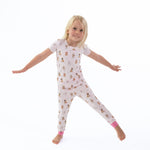 Two-piece short sleeve loungewear set with pull-on pants in pink Bestie Dogs print