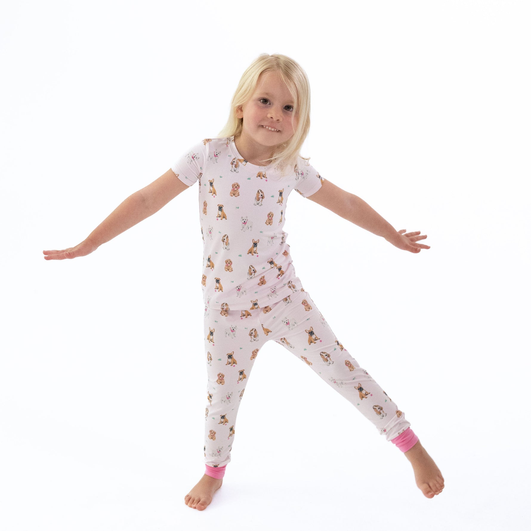 Two-piece short sleeve loungewear set with pull-on pants in pink Bestie Dogs print