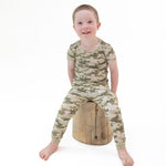 Two-piece short sleeve loungewear set with camo print top and matching pull-on pants