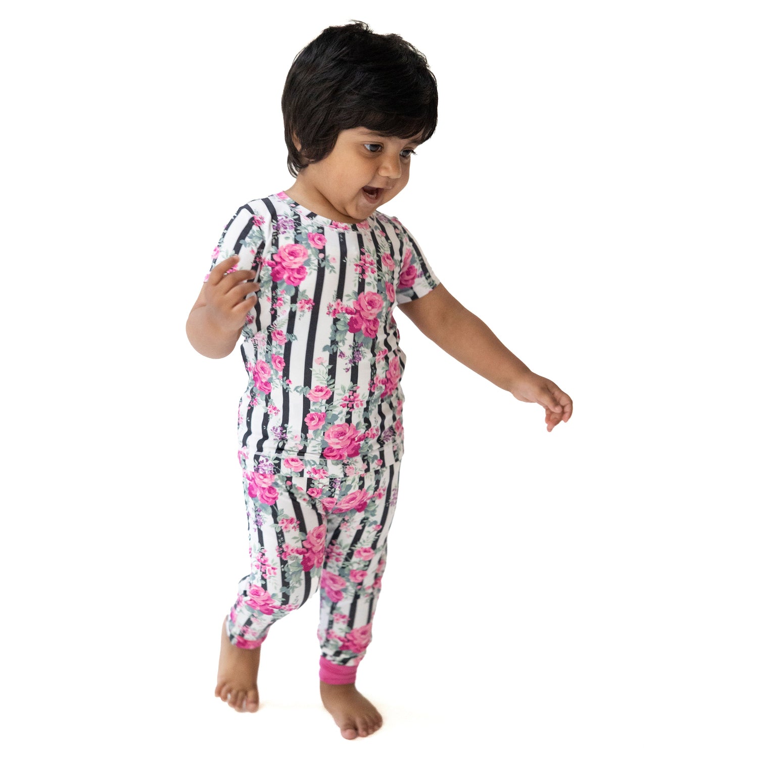 Short sleeve loungewear set with cabbage rose stripe print, matching short sleeve top and pull-on pants