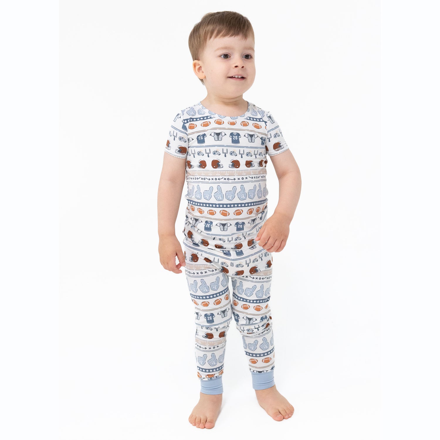 Short sleeve loungewear set with football stripe print top and matching pull-on pants