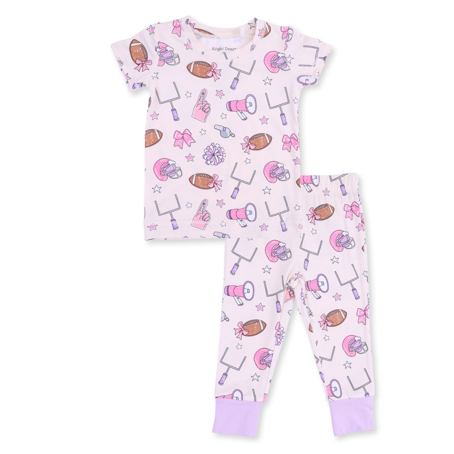Short sleeve loungewear set with football cheer print, short sleeve top and matching pull-on pants.