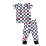 Two-piece short sleeve loungewear set with black and white heart tattoo check print, top and pull-on pants