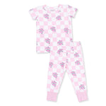 Two-piece short sleeve loungewear set with pink heart tattoo check print, top and pull-on pants