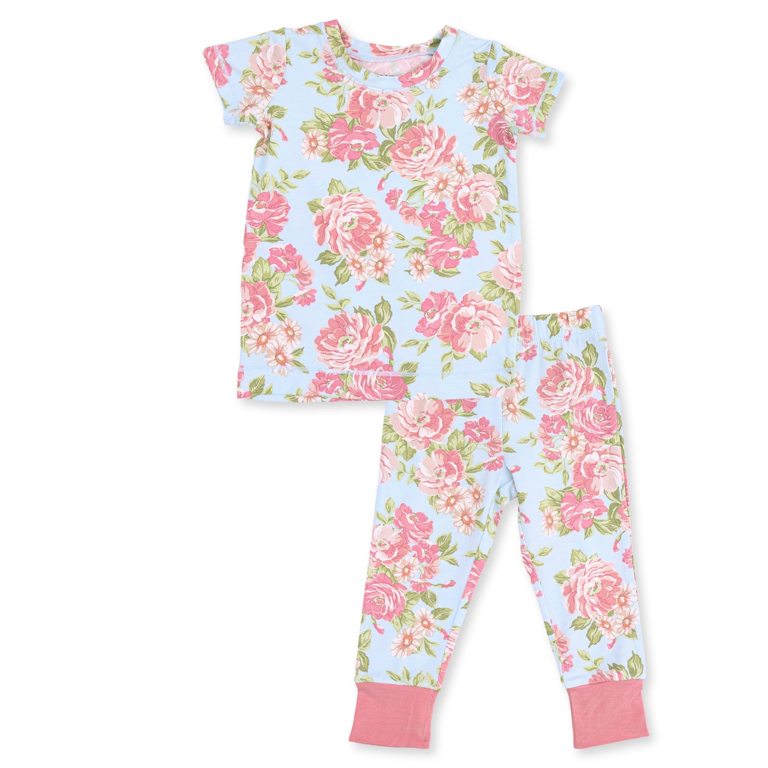Two-piece short sleeve loungewear set with short sleeve top and pull-on pants in an Angeline floral print