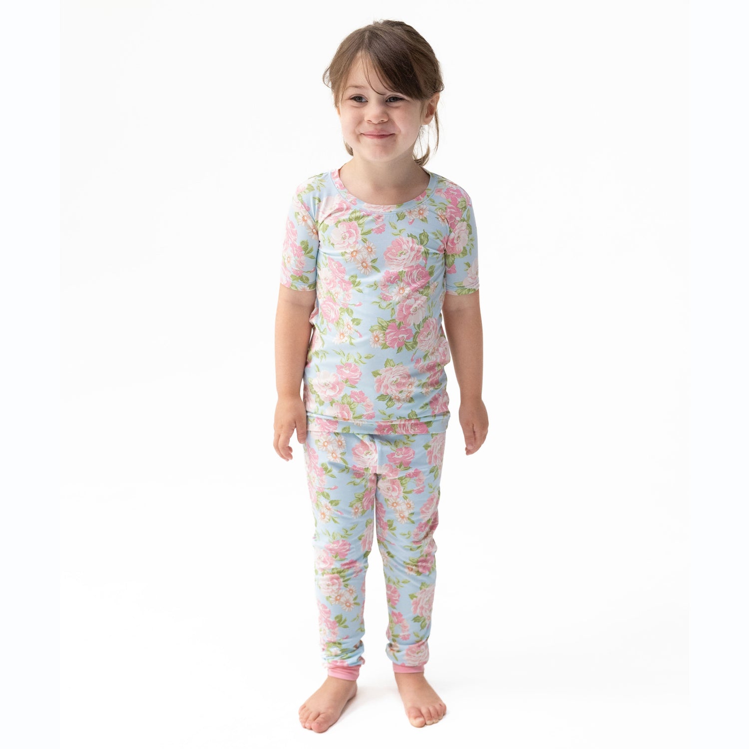 Short sleeve loungewear set with floral top and pull-on pants for babies and toddlers