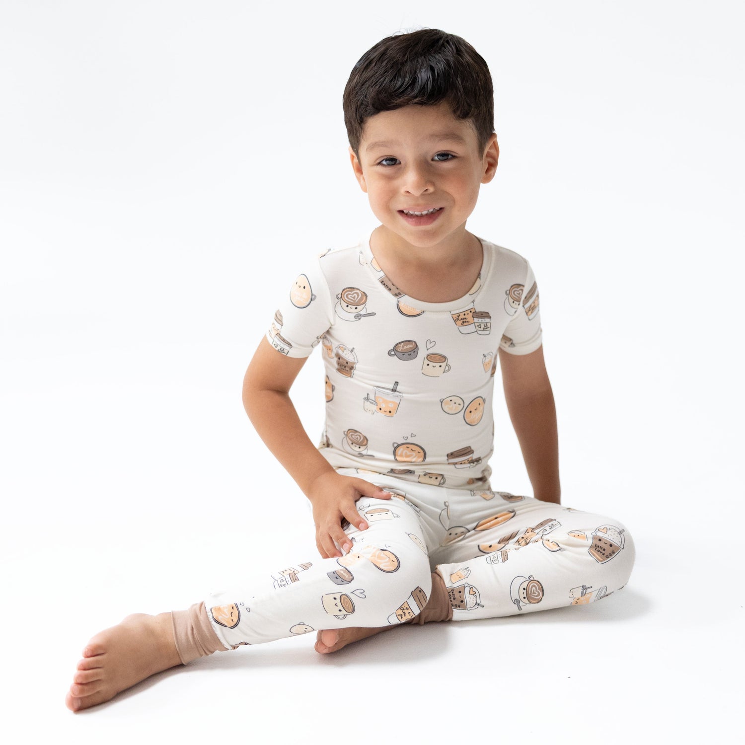 Short sleeve loungewear set with a "Love You A Latte" coffee print top and matching pull-on pants
