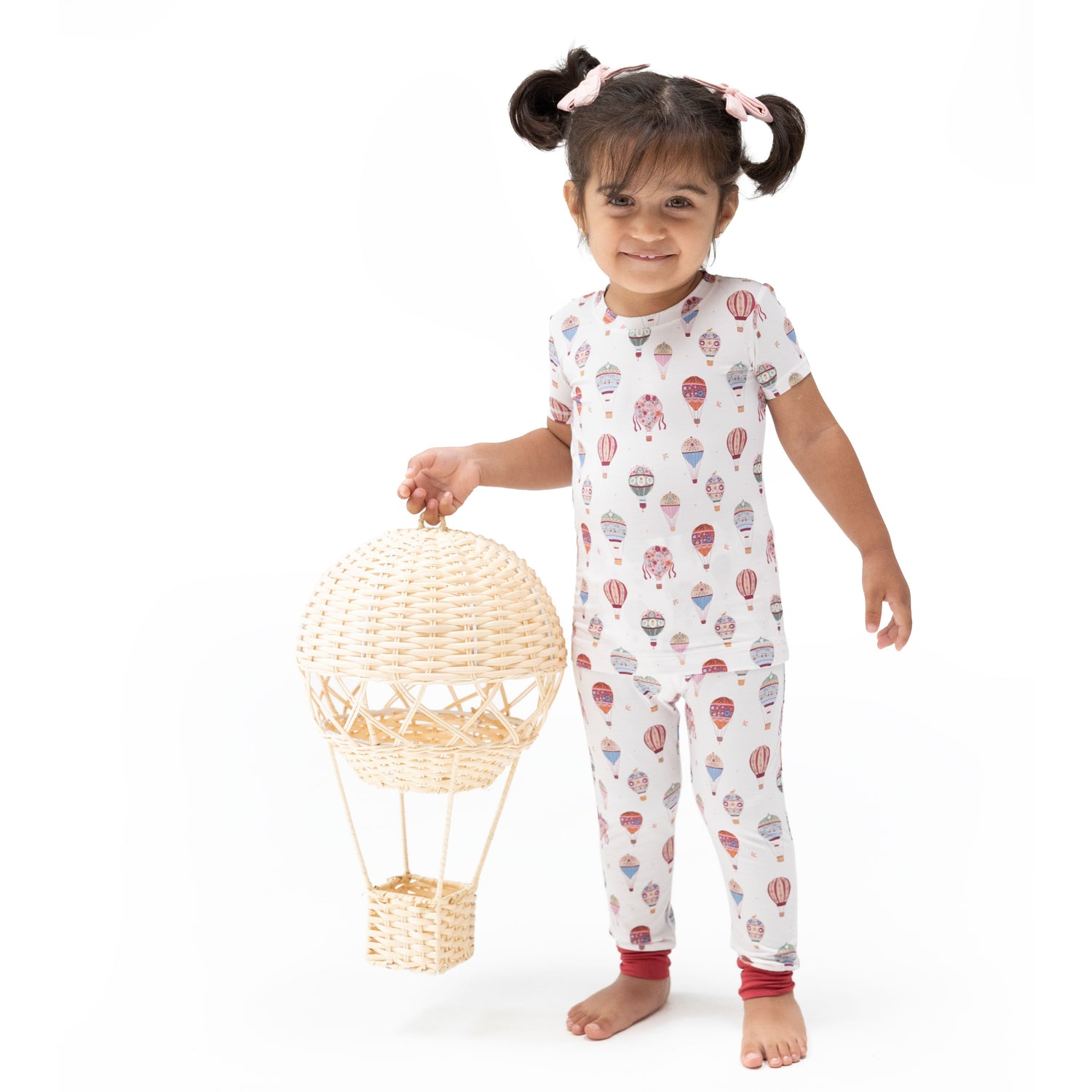 Two-piece short sleeve loungewear set with a hot air balloon print on the top and matching pants