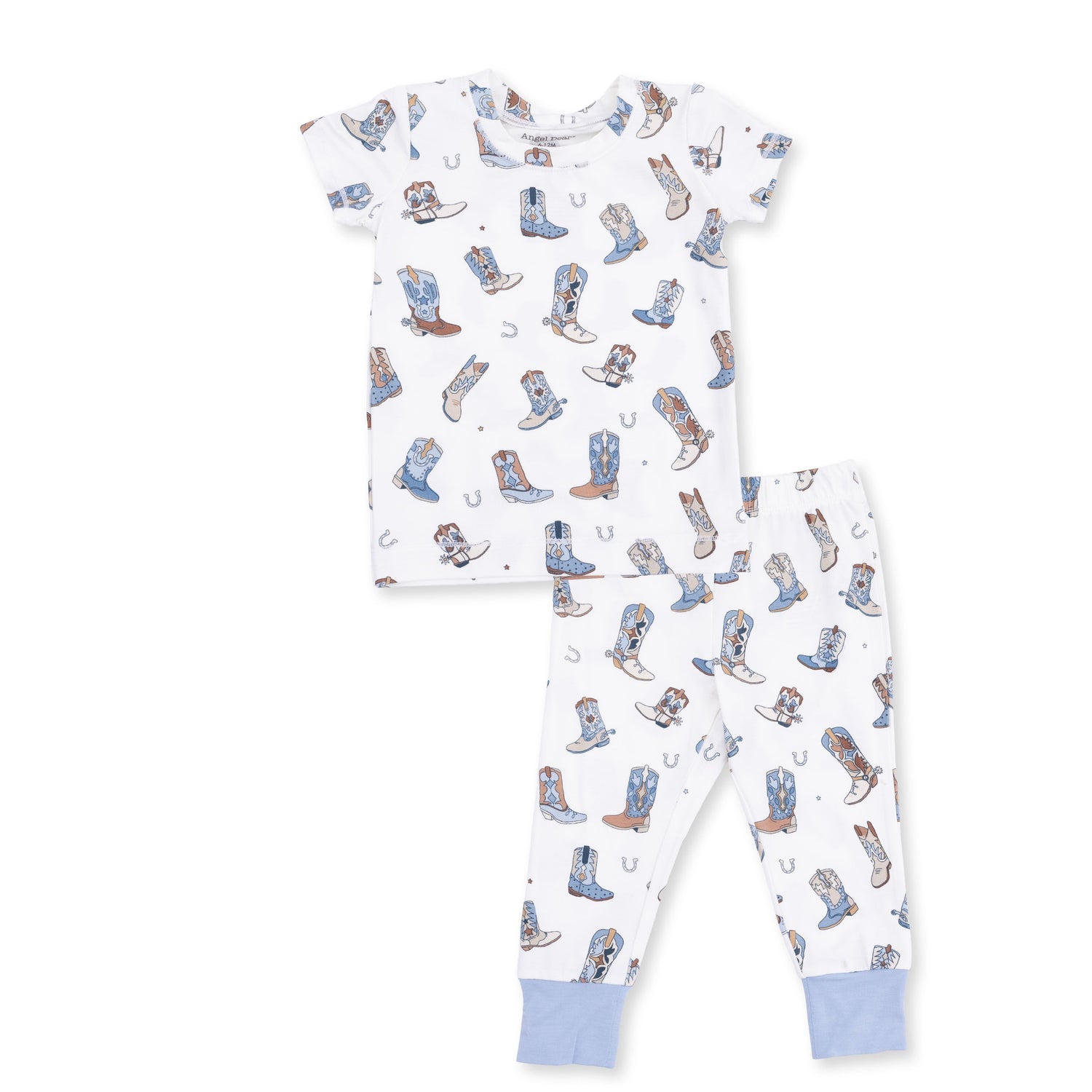 Short sleeve loungewear set with cowboy boots print on the top and matching pull-on pants.