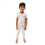 Two-piece loungewear set with short-sleeve top and pull-on pants in a Western-inspired boot print