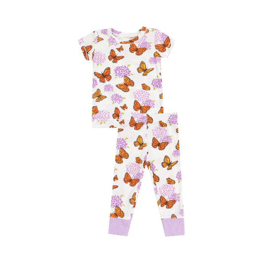 Short Sleeve Loungewear Set with Monarch Butterflies and Milkweed Print for Kids.