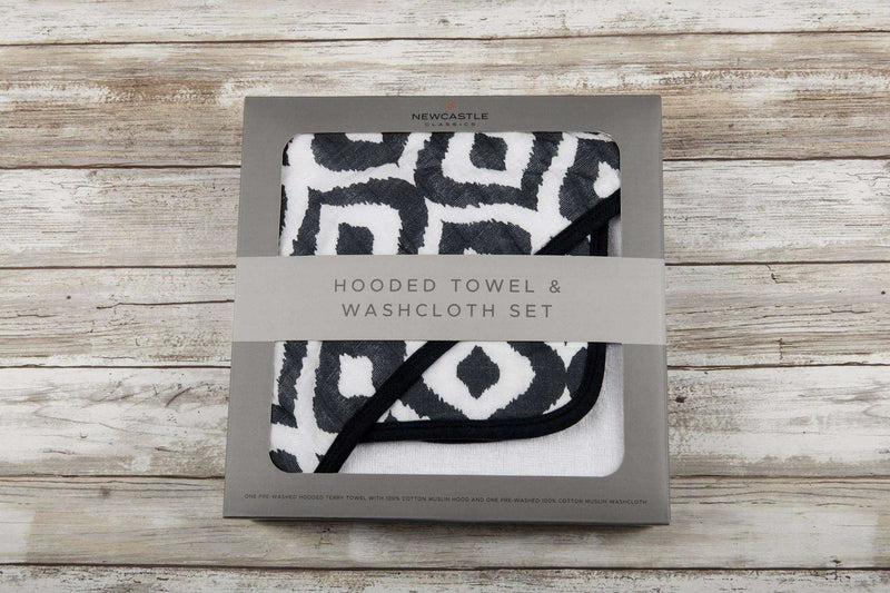Moroccan Blue cotton hooded towel and washcloth set in packaging.